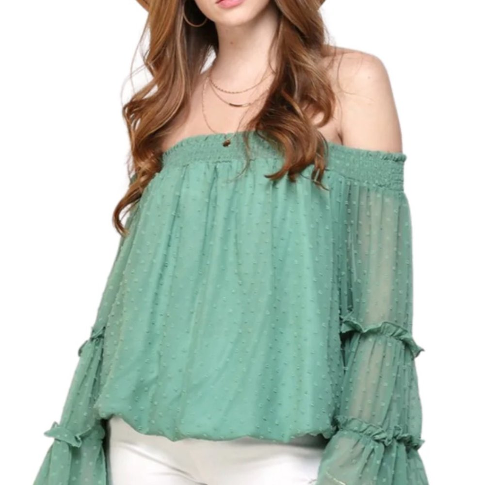 NINEXIS Off-the-Shoulder Swiss Dot Sage / Light Green Ladies Blouse Larg…
